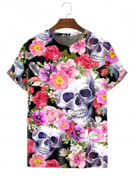 Men's Fashion Vintage Skull and Flower Print T-Shirt