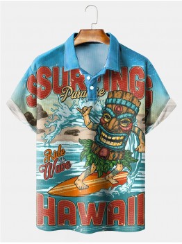 Men's Vintage Colorful Surf Big Tiki Mask Short Sleeve Polo Shirt