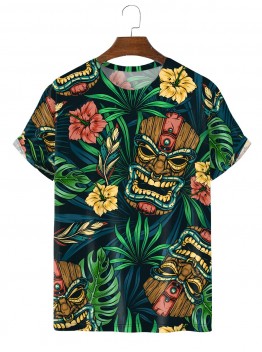 Men's Hawaiian Hibiscus Tiki Mask Short Sleeve T-Shirt