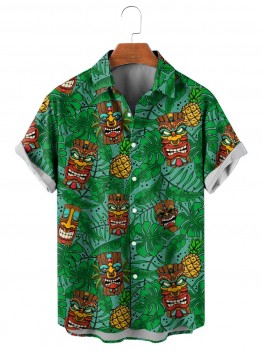 Men's Hawaiian Tiki Idol and Palm Leaf Print Short Sleeve Shirt